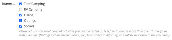 Screenshot showing profile 'Interests' with choices such as "Tent camping'